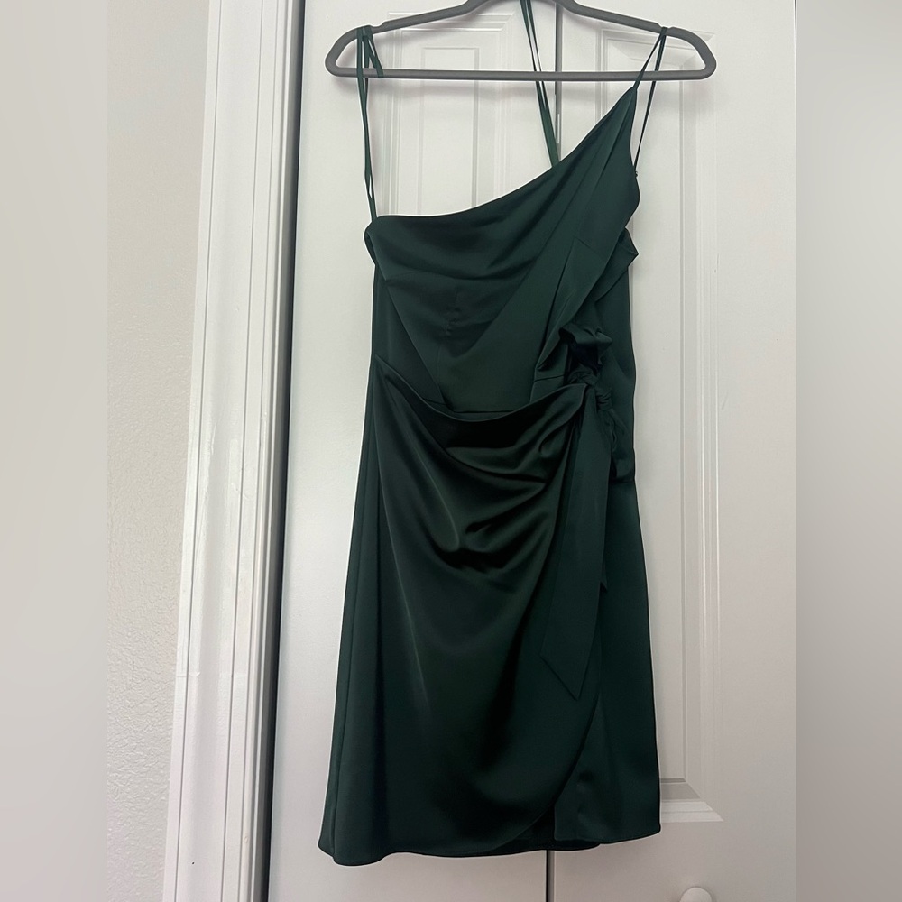 Mini satin dress, Women’s size 10, hunter green, draped tie in the front.
